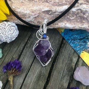 Wire Wrapped Amethyst Cluster Pendant Necklace